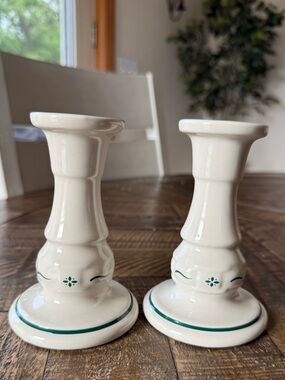Longaberger Pottery Woven Traditions Heritage Green 5" candlesticks.
